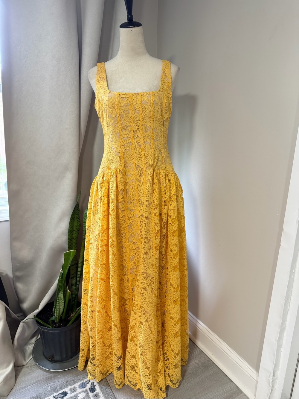 Alex Marie Yellow Lace Square-Neck Maxi Dress